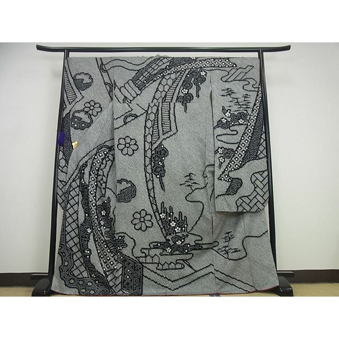 平和屋1□極上 振袖 絞り 束ね熨斗花文 黒地 やまと誂製 逸品3s2916-