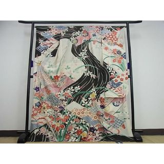 平和屋1■極上　夏物　アンティーク　大正ロマン　振袖　絽　駒刺繍　流水短冊草花文　銀彩　逸品3s1778(振袖)