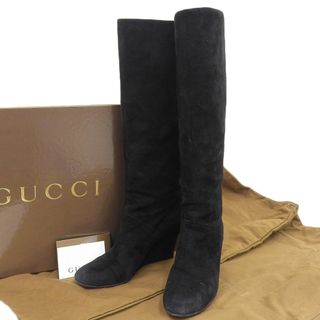 グッチ(Gucci)の【本物保証】 箱・布袋付 グッチ GUCCI インターロッキングG ロングブーツ スエード ブラック 36C ウエッジソール シンプル 靴 レディース(ブーツ)