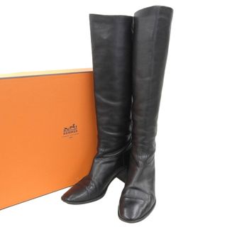 エルメス(Hermes)の【本物保証】 箱付 エルメス HERMES ロングブーツ 靴 レザー ブラック 黒 36 1/2 23.5cm レディース シンプル(ブーツ)