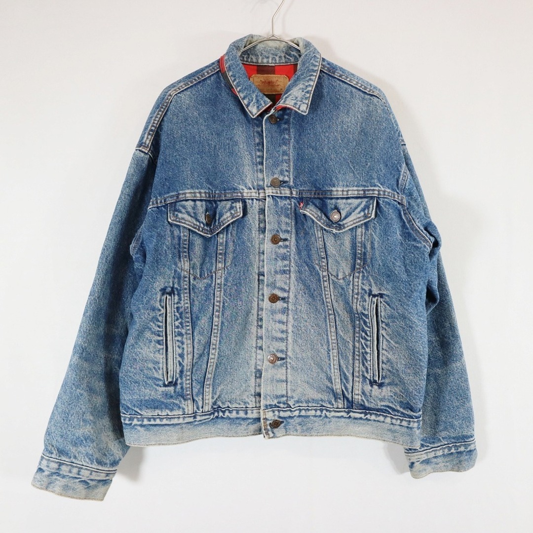 80年代 USA製 Levi's リーバイス 裏地チェック デニムジャケット アメカジ  カジュアル インディゴブルー (メンズ M)   N6547約57cm袖丈