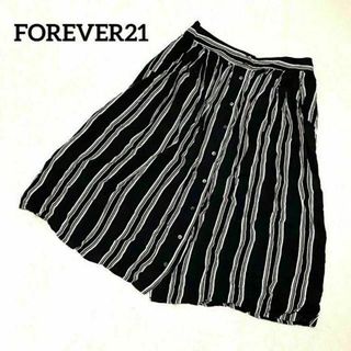 フォーエバートゥエンティーワン(FOREVER 21)の582 フォーエバー21 フロント ボタン スカート 黒×白 ストライプ柄 S(ひざ丈スカート)