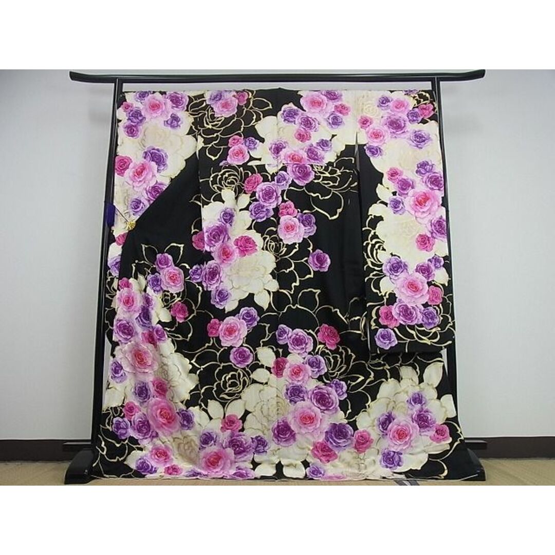平和屋1□極上 振袖 刺繍 CECIL McBEE 薔薇 牡丹 金彩 黒地 パール