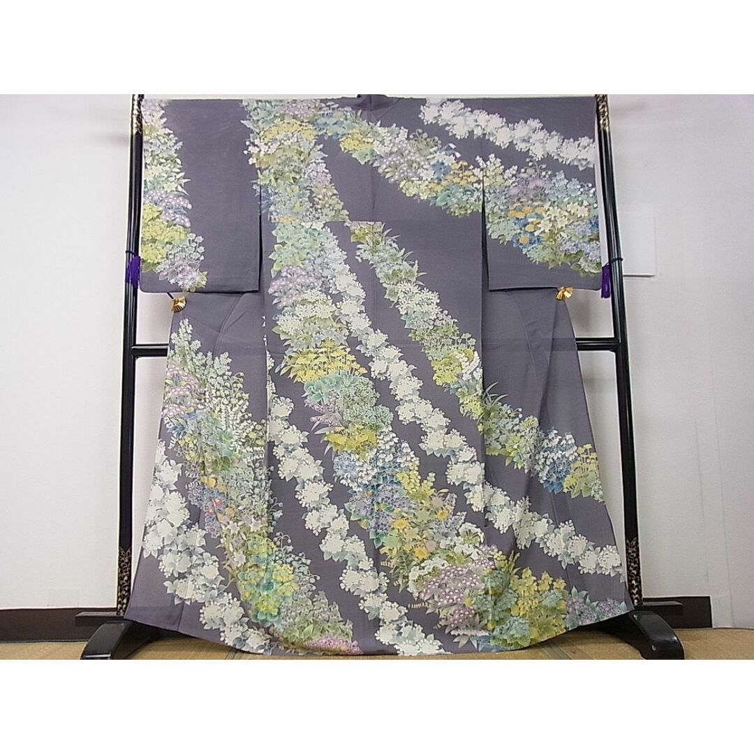 平和屋1□極上 夏物 訪問着 絽 友禅 草花尽くし 藍鉄色地 逸品 3s30064