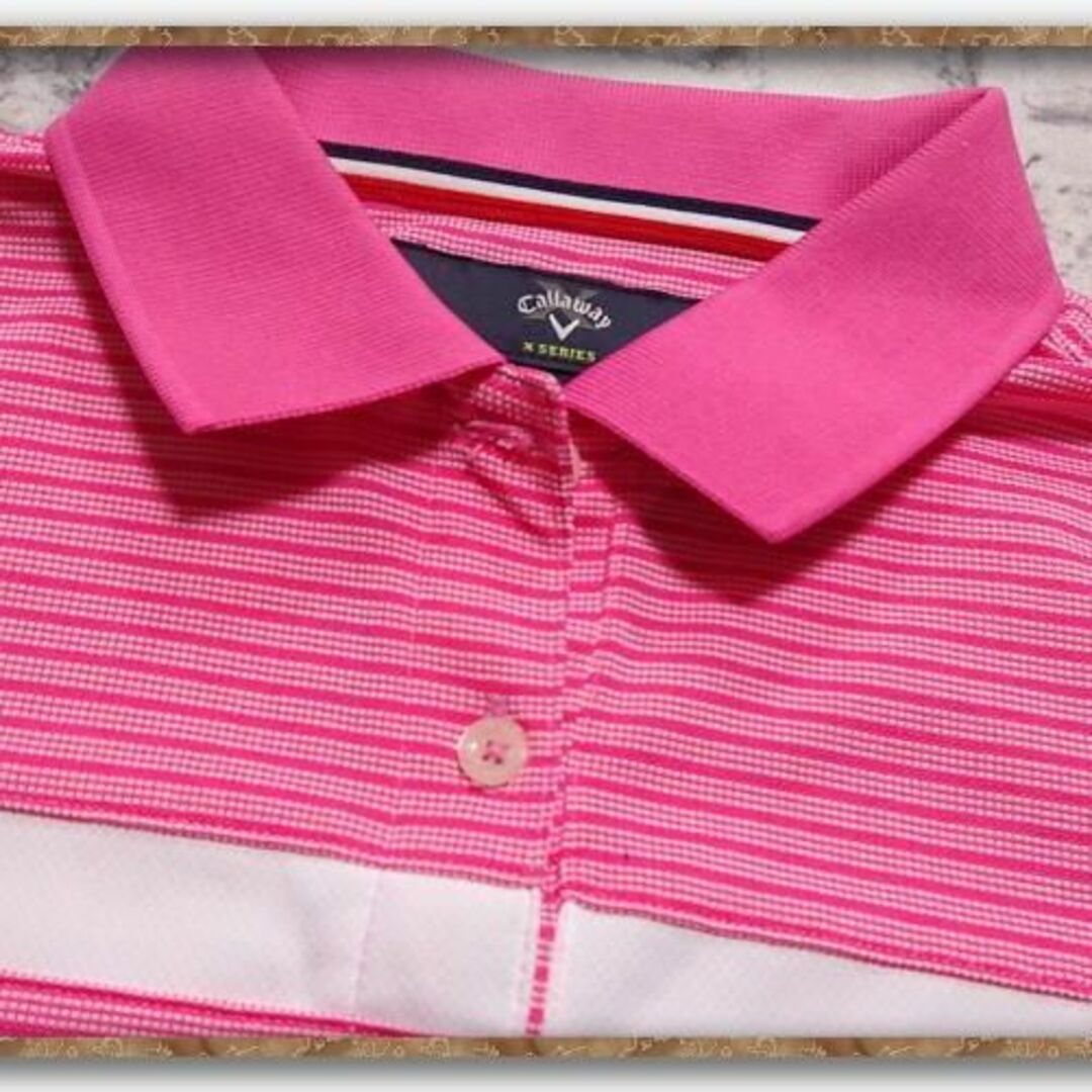 Callaway Golf(キャロウェイゴルフ)のキャロウェイ　刺繍入りボーダー半袖ポロシャツ　ピンク レディースのトップス(ポロシャツ)の商品写真