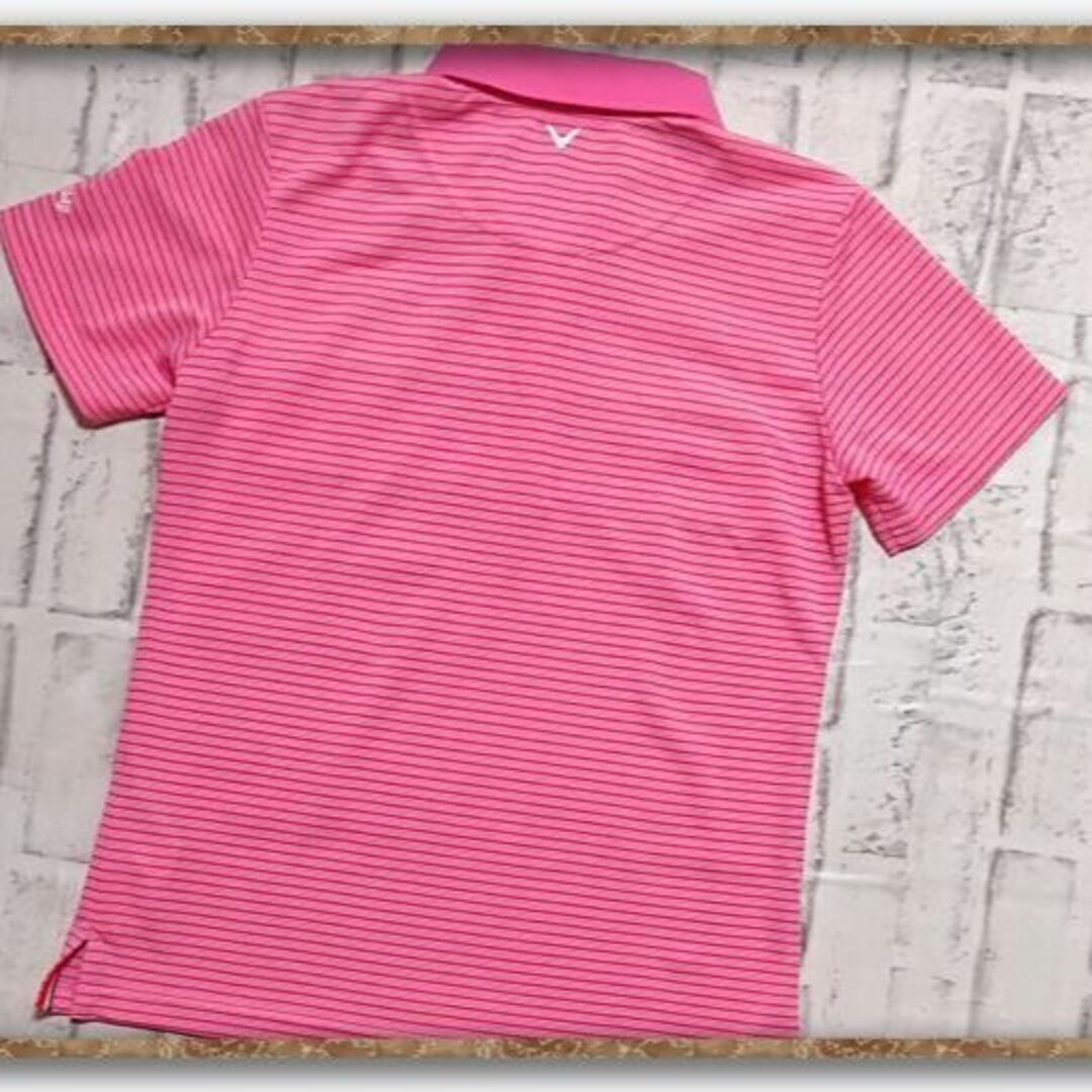 Callaway Golf(キャロウェイゴルフ)のキャロウェイ　刺繍入りボーダー半袖ポロシャツ　ピンク レディースのトップス(ポロシャツ)の商品写真