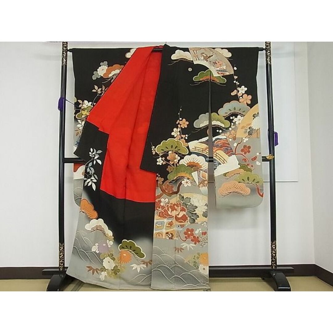 平和屋1□極上 アンティーク 大正ロマン 振袖 駒刺繍 渡り橋草花文 暈 ...