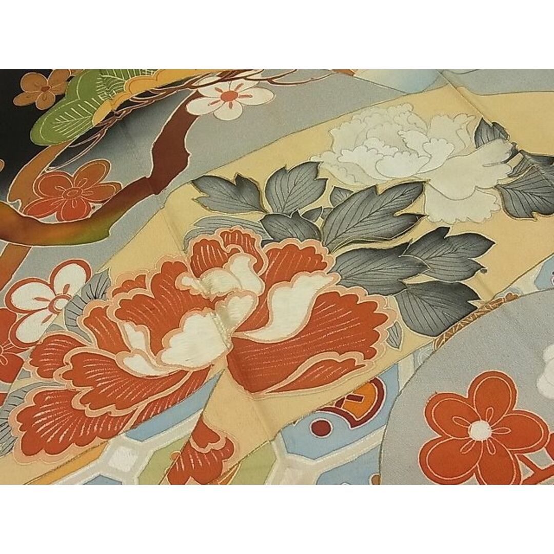 平和屋1□極上 アンティーク 大正ロマン 振袖 駒刺繍 渡り橋草花文 暈 ...