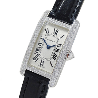 カルティエ(Cartier)のカルティエ Cartier 時計 レディース ブランド タンクアメリカン SM ダイヤモンド クオーツ QZ 18K ホワイトゴールド レザー 2478 メーカー修理済み 磨き済み【中古】(腕時計)
