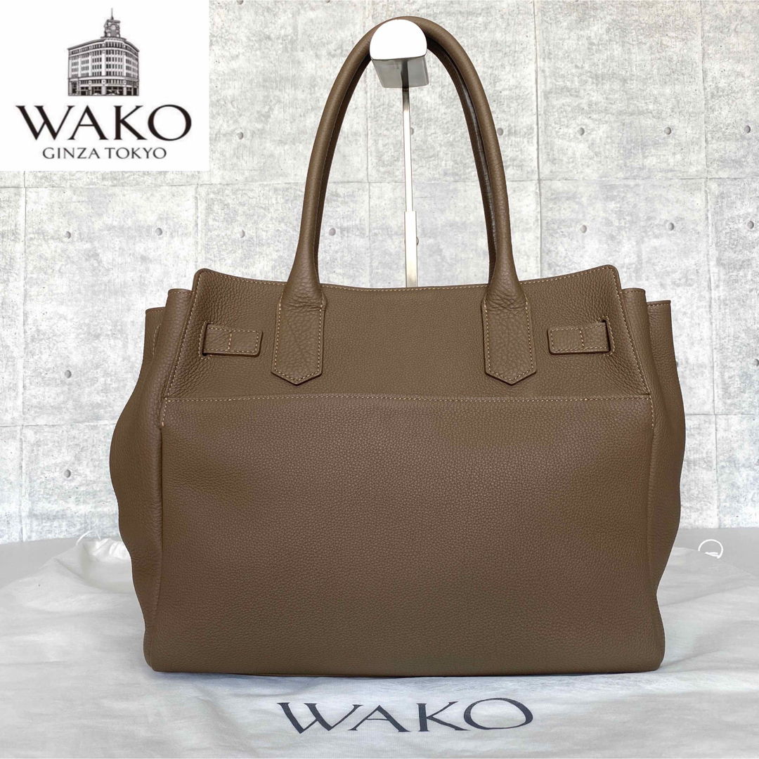 未使用級】WAKO 銀座和光 シボ革 レザー グレージュ A4 ハンドバッグ-