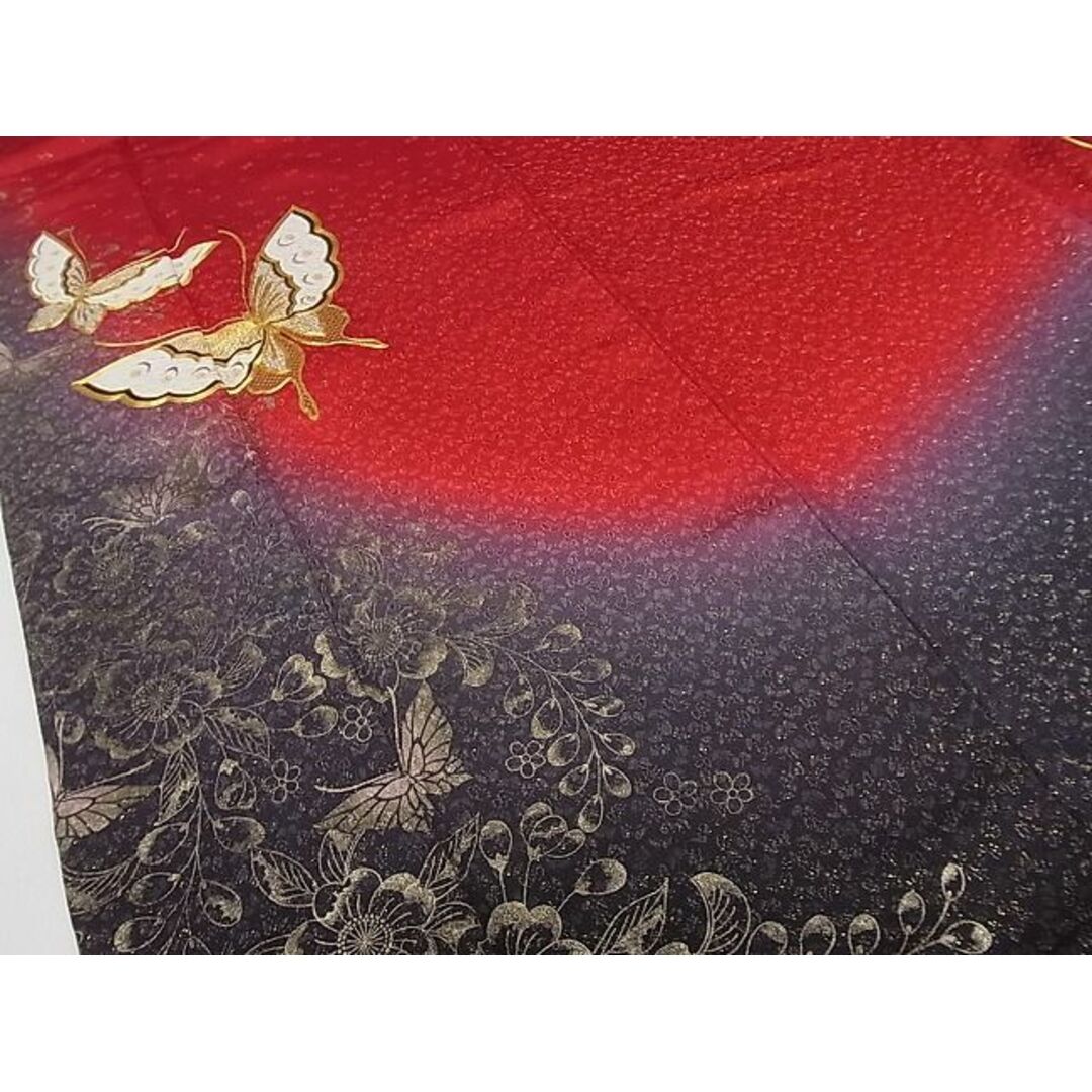 平和屋1□極上 振袖 駒刺繍 舞蝶草花文 暈し染め 金通し地 逸品3s20198 ...