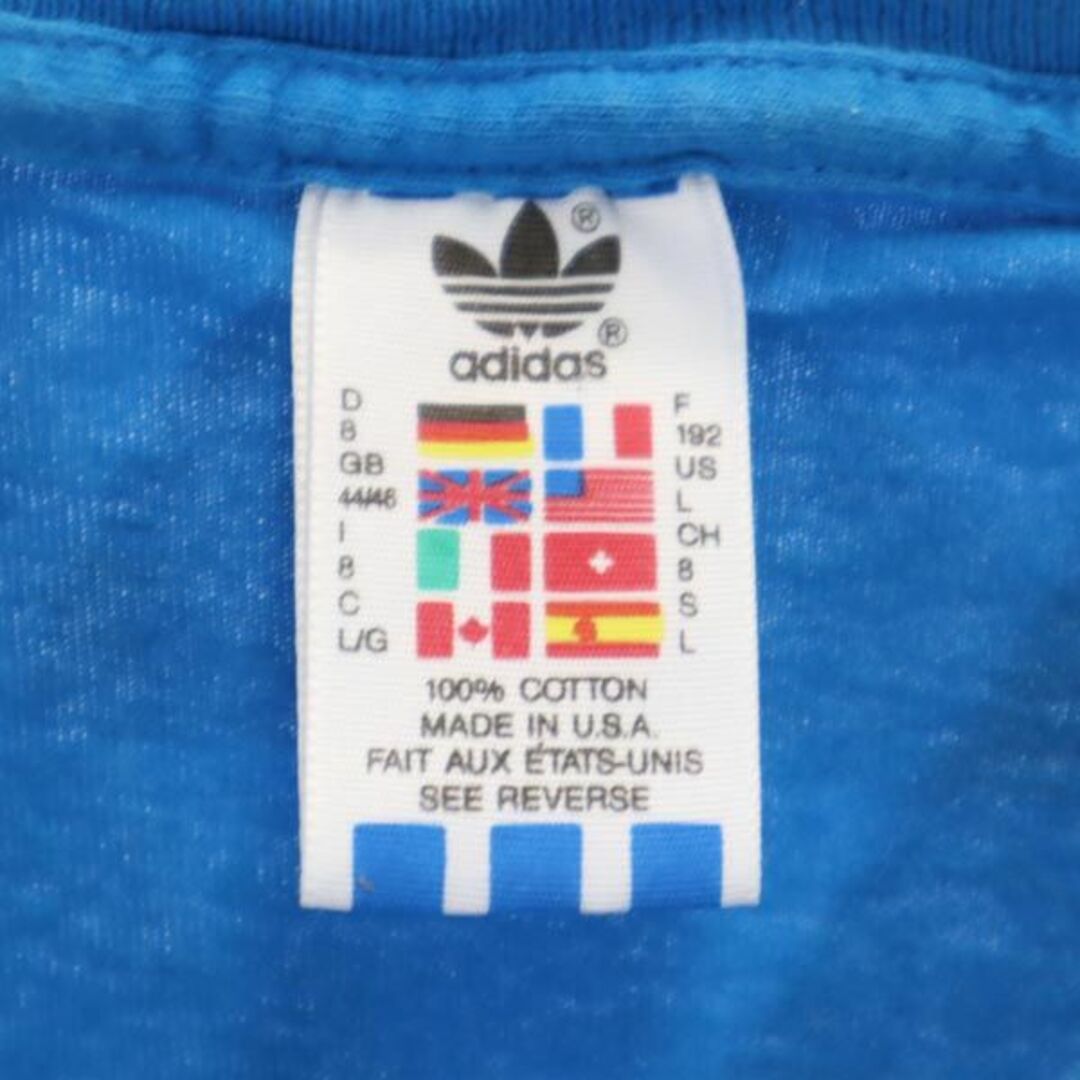 adidas(アディダス)のアディダス 80s ヴィンテージ USA製 トレフォイルロゴ 半袖 Tシャツ L ブルー系 adidas 両面プリント メンズ 【中古】  【230904】 メール便可 メンズのトップス(Tシャツ/カットソー(半袖/袖なし))の商品写真