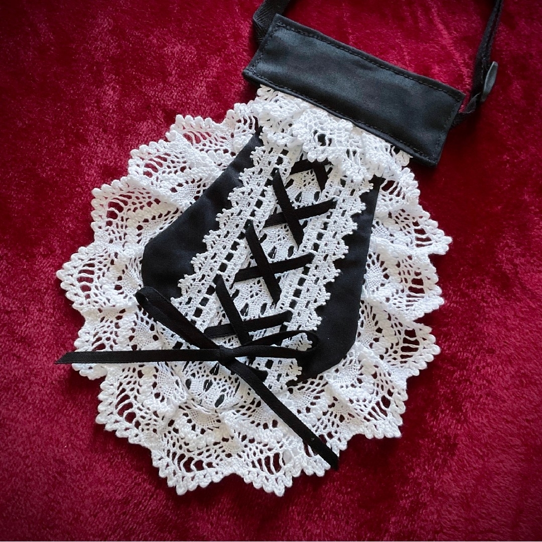 綿生地の編み上げミニネクタイ 黒×オフ白
