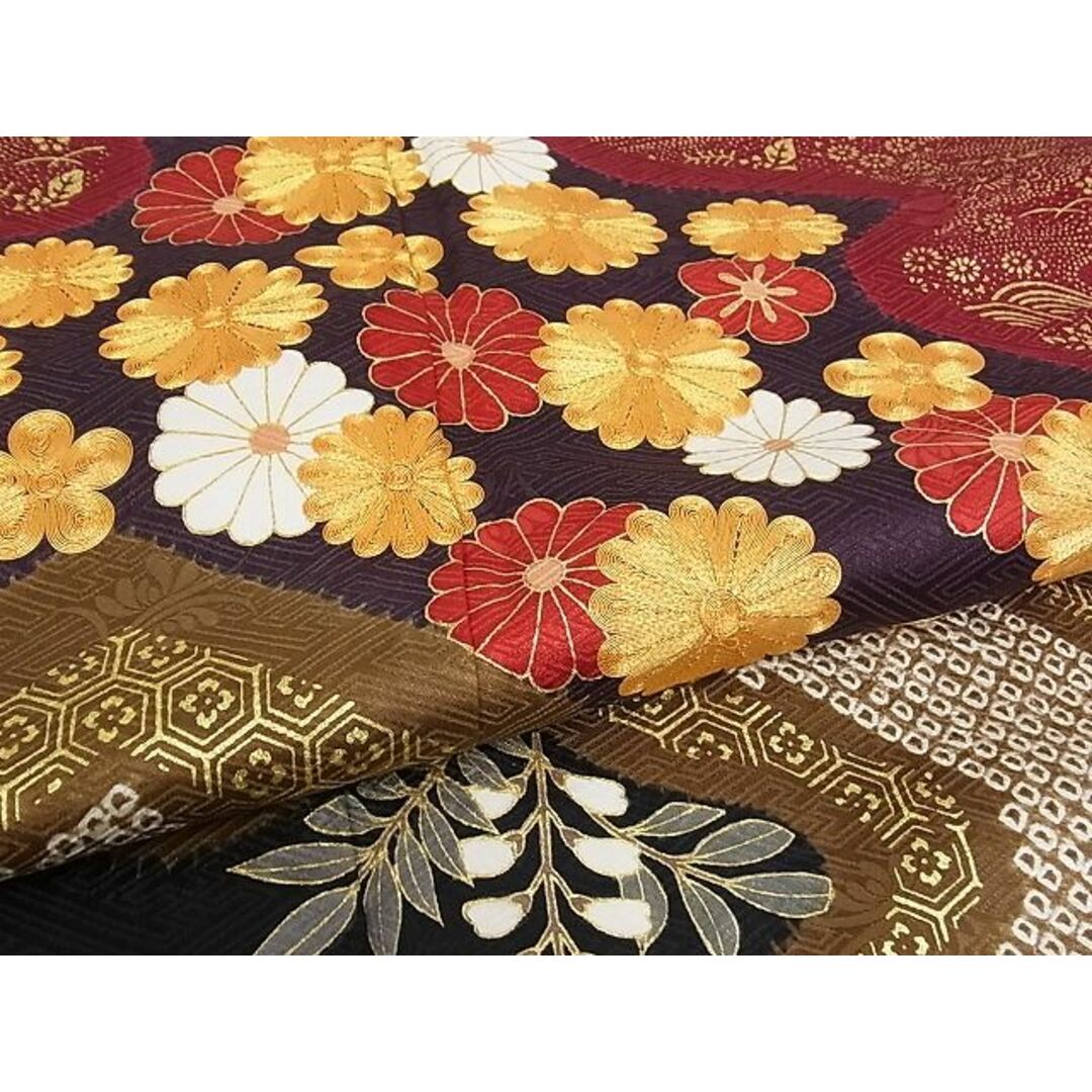 平和屋-こころ店□極上 振袖 駒刺繍 絞り 吉祥花文 黒地 暈し染め 金彩