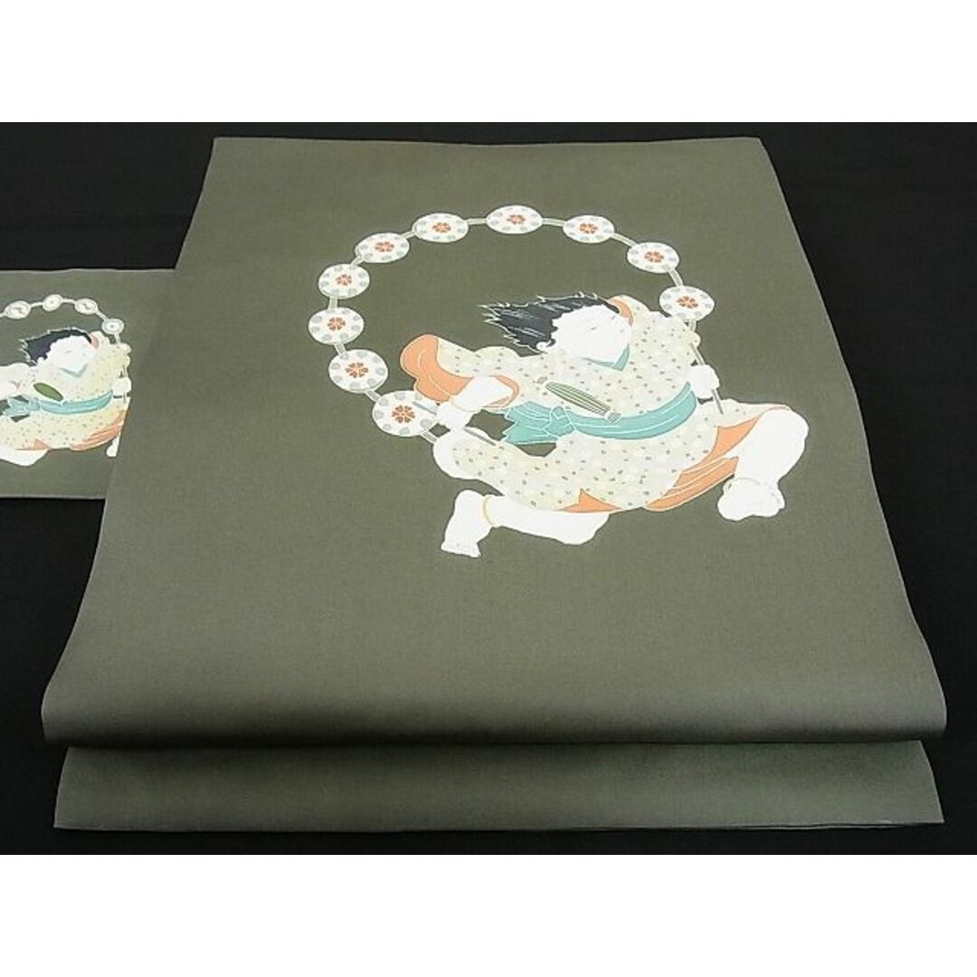 平和屋-こころ店■塩瀬 九寸名古屋帯 手描き 雷神 童子 正絹 逸品 3kk1933水着/浴衣