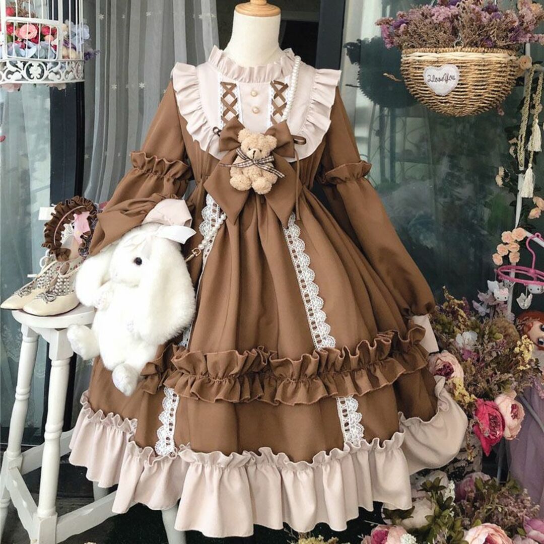ロリータワンピース 膝丈 ゴスロリ ドレス コスプレ レディース ブラウン L