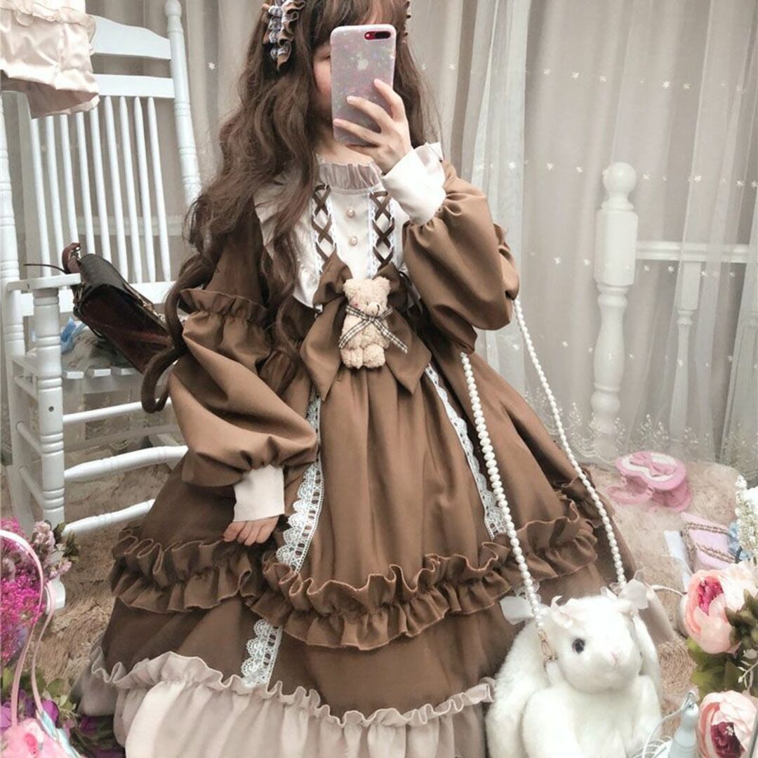 ロリータワンピース 膝丈 ゴスロリ ドレス コスプレ レディース ブラウン L