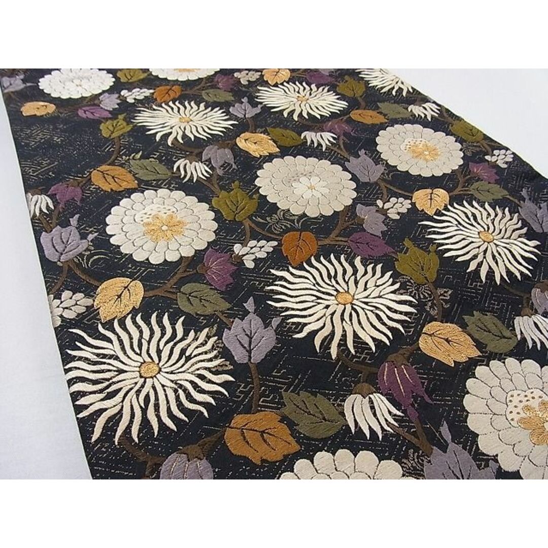 平和屋-こころ店□極上 太鼓柄袋帯 総刺繍 花づくし 黒地 金糸 正絹