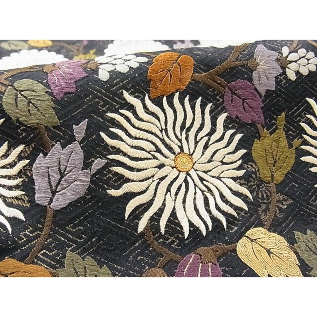 平和屋-こころ店□極上 太鼓柄袋帯 総刺繍 花づくし 黒地 金糸 正絹