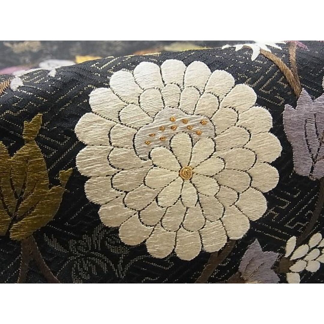 平和屋-こころ店□極上 太鼓柄袋帯 総刺繍 花づくし 黒地 金糸 正絹