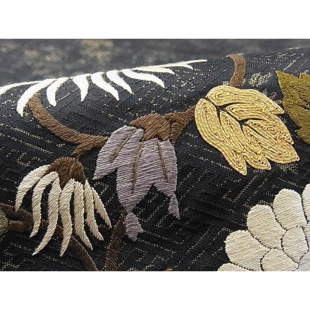 平和屋-こころ店□極上 太鼓柄袋帯 総刺繍 花づくし 黒地 金糸 正絹