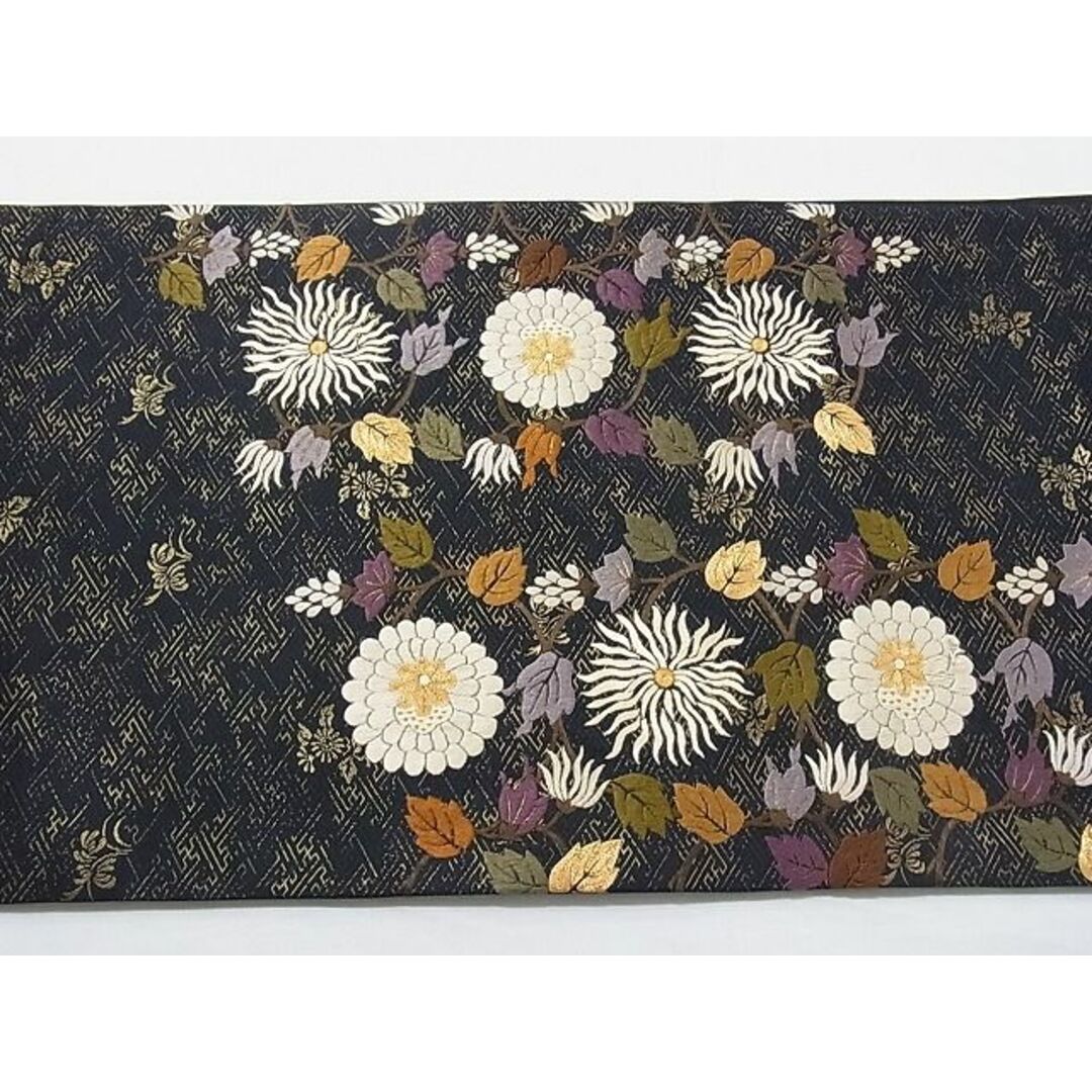 平和屋-こころ店□極上 太鼓柄袋帯 総刺繍 花づくし 黒地 金糸 正絹