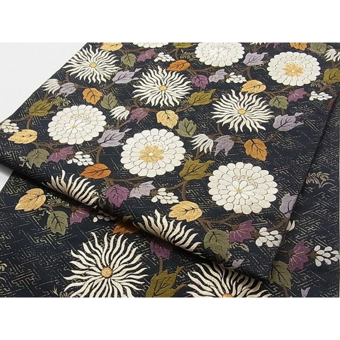 平和屋-こころ店□極上 太鼓柄袋帯 総刺繍 花づくし 黒地 金糸 正絹