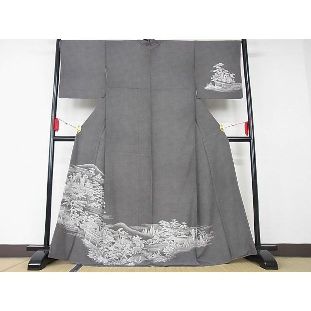 平和屋-こころ店□江戸小紋 訪問着 極小鮫小紋柄 風景文 黒地 着丈