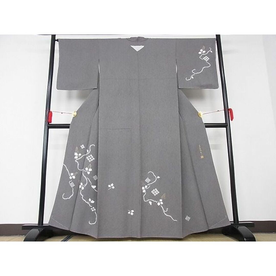 平和屋-こころ店■極上　夏物　小紋　絽　舞葉文　砥粉色地　ロング丈　着丈 172cm 裄 70cm　正絹　逸品　未使用　2kk1237