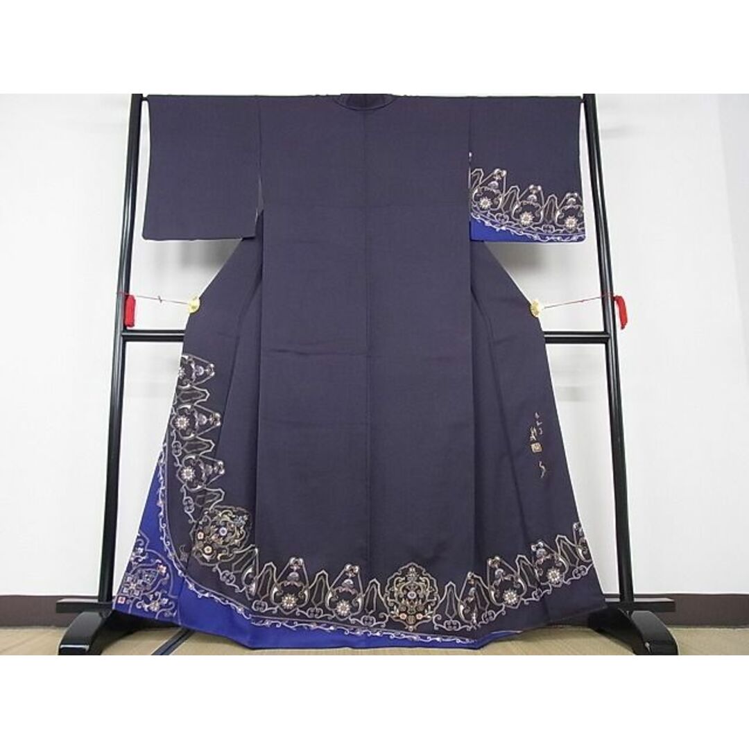 平和屋-こころ店■夏物　小紋　絽　扇面文　着丈169cm　裄丈67cm　洗える着物　A-ma6591