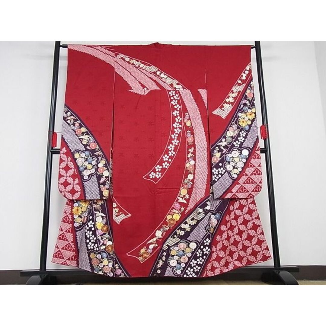 平和屋-こころ店■極上 振袖 駒刺繍 花くす玉文 金彩 金通し地 着丈165cm 裄丈65cm 正絹 逸品 3kk1600