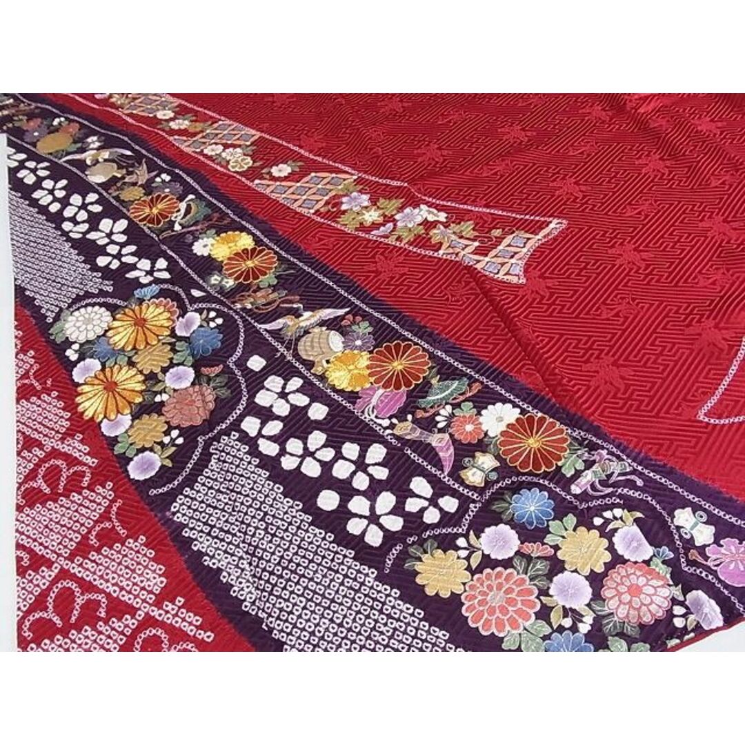 平和屋-こころ店□極上 振袖 駒刺繍 絞り 鬘帯飛鶴吉祥花文 金彩 着丈