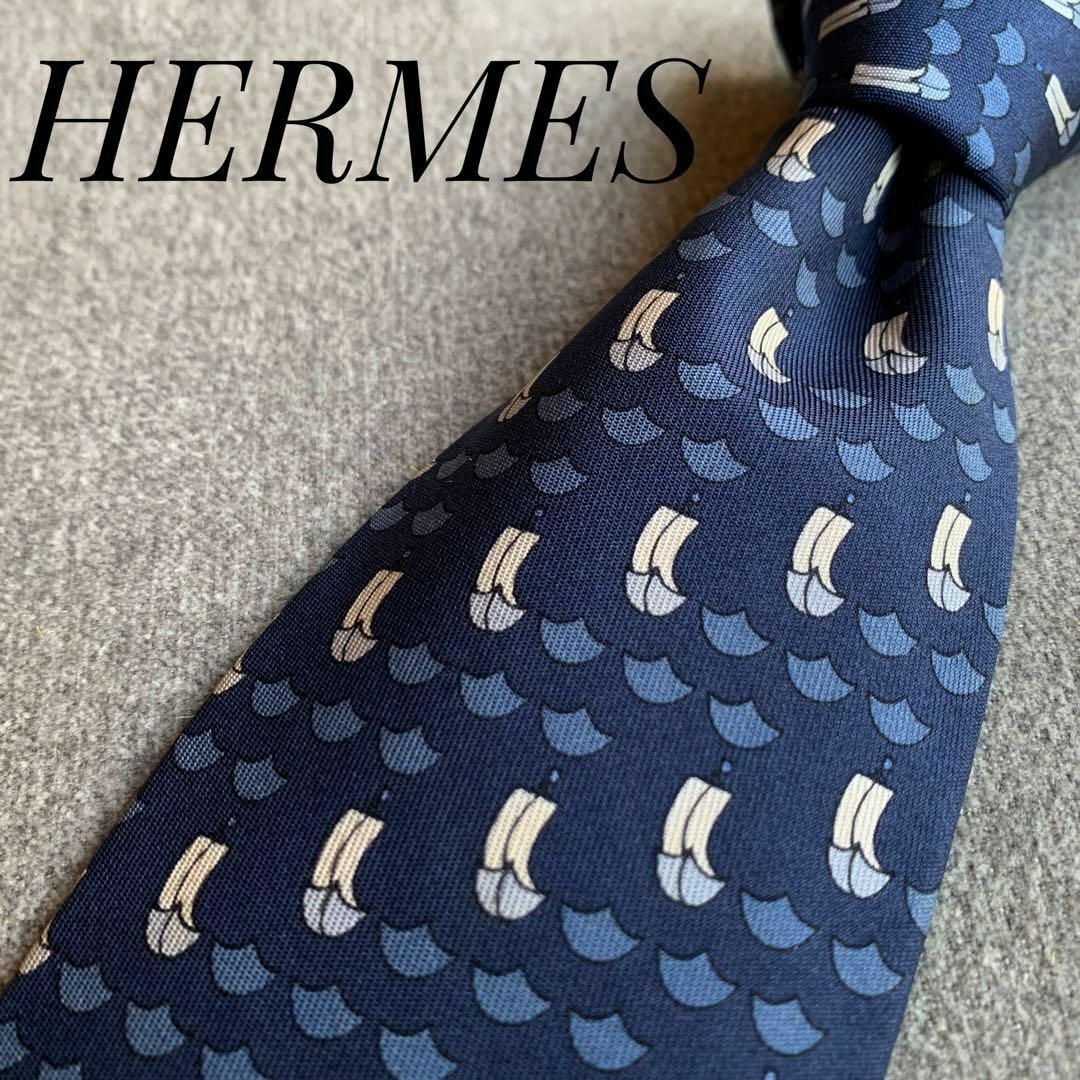 HERMES ネクタイ シルク100% 海と帆船 ブルー フランス製