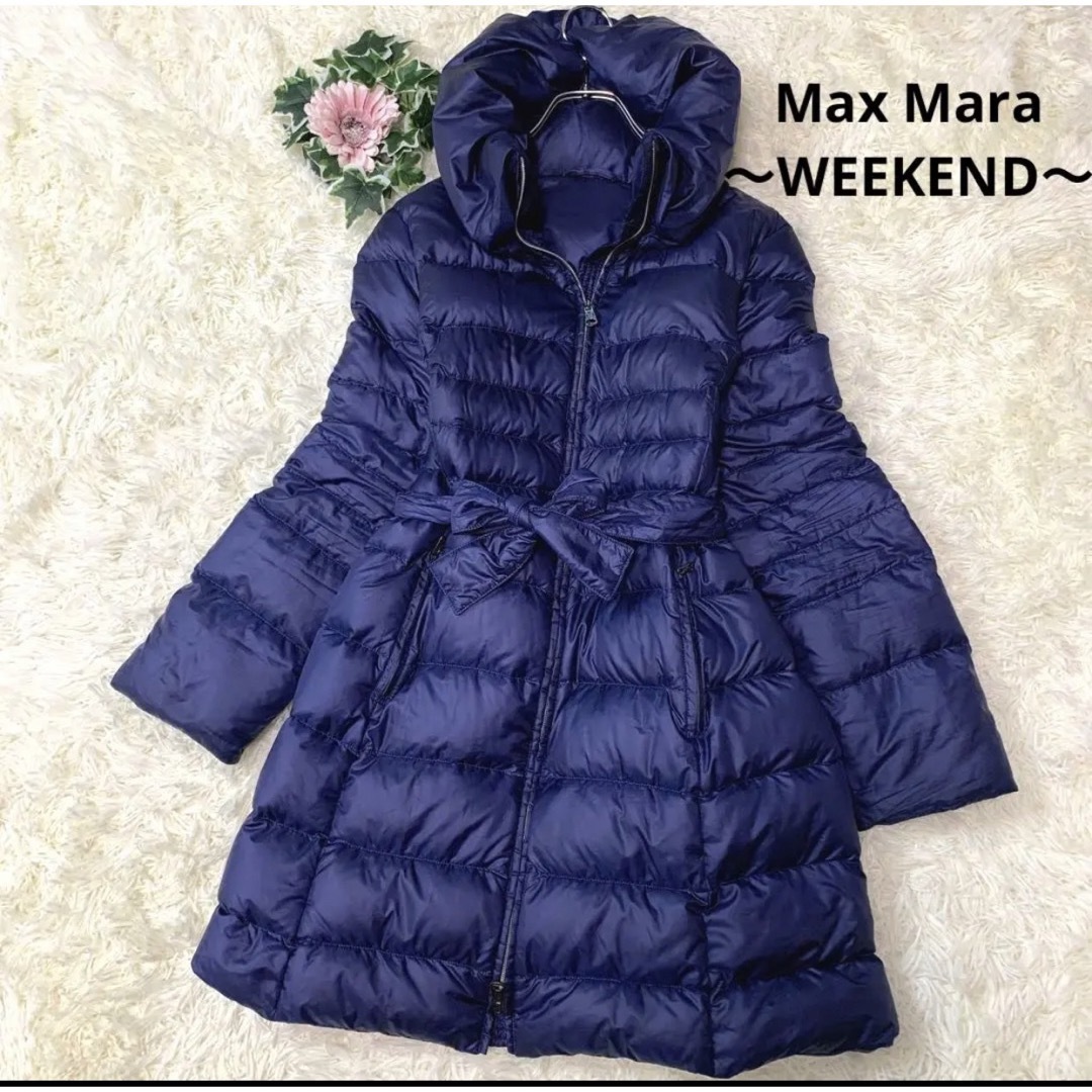 398. 美品◆MaxMara ダウンコート ベルト ショール ネイビー M