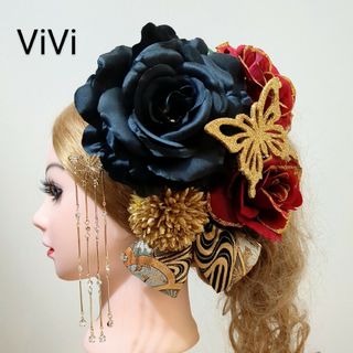 髪飾りViVi ～赤×黒薔薇・豪華蝶のパール簪～ 成人式 結婚式 花魁 かんざし