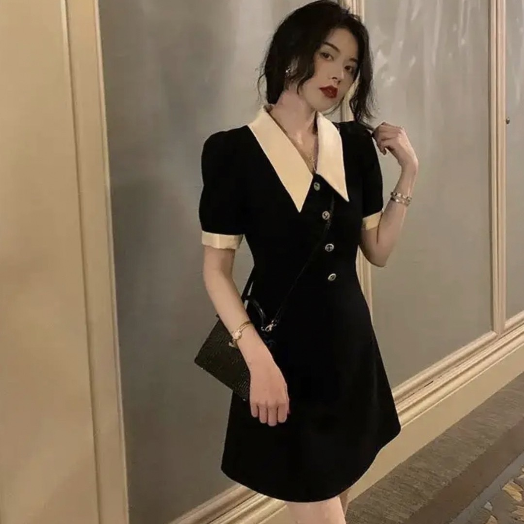 【新品】韓国風ワンピース　黒　ブラック　ドレス　お洒落　半袖 | フリマアプリ ラクマ