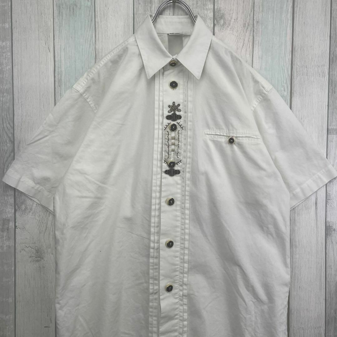 チロルシャツ　半袖　刺繍　胸ポケット　XL　ホワイト