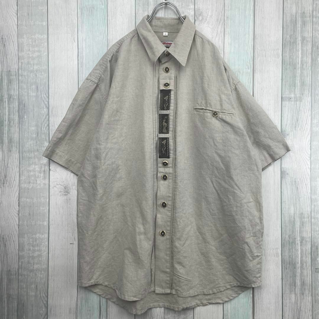 チロルシャツ　半袖　刺繍　胸ポケット　XL