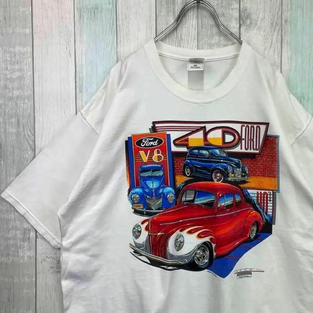 ネイビー プリント メンズ ゆるダボ XL USA古着 90s 半袖 Tシャツ - T