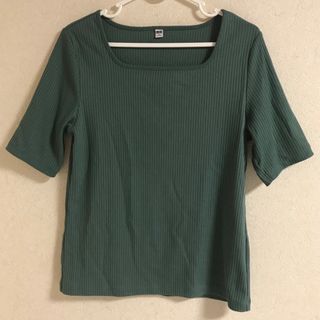 ユニクロ(UNIQLO)のユニクロ　リブスクエアネックT（5分袖）　グリーン　L(Tシャツ(半袖/袖なし))