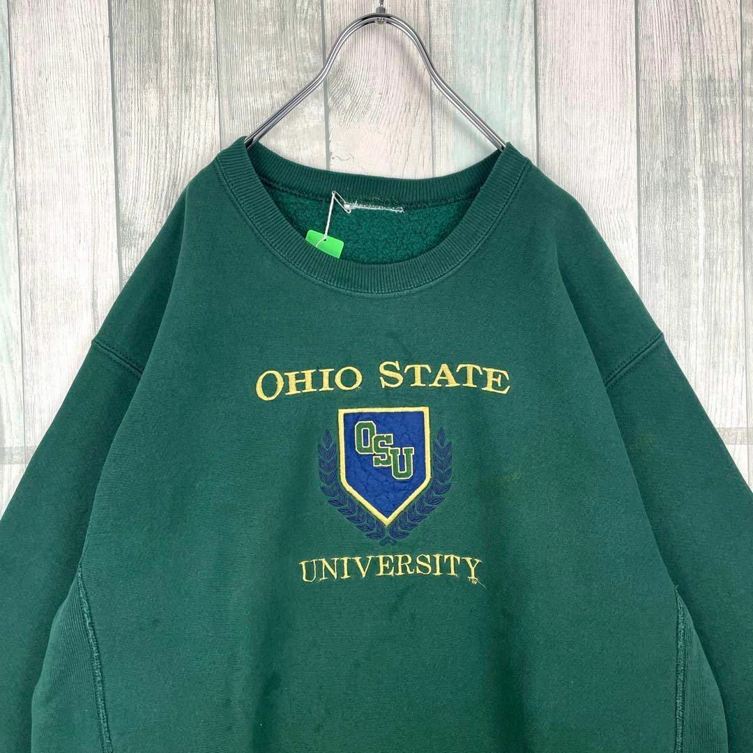 古着　スウェット　カレッジロゴ　オハイオ大学　刺繍　厚手　ゆるだぼ　グリーン　L | フリマアプリ ラクマ