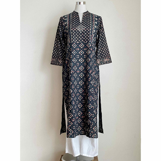 ブロックプリント　クルタ　バグルー　ネイビー　インド民族衣装　S