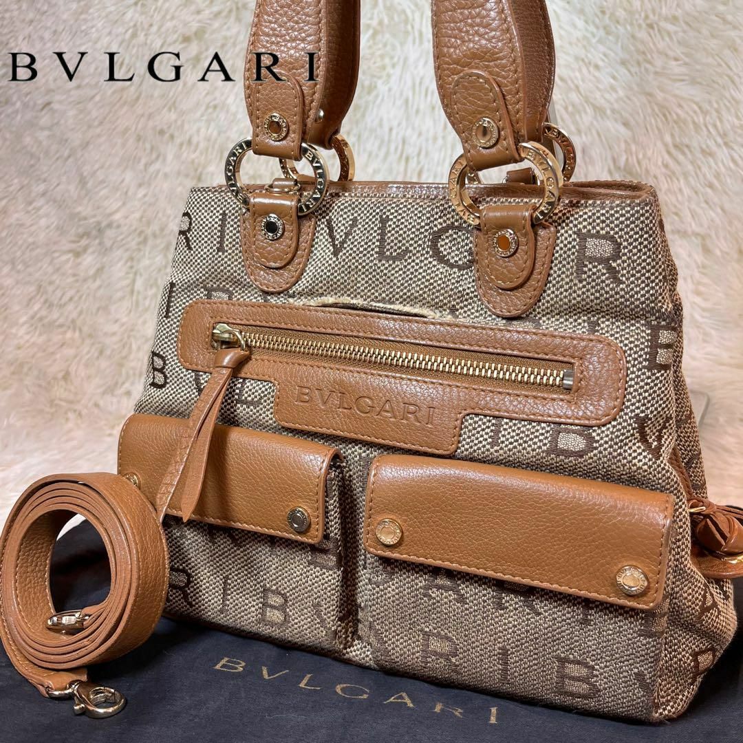 美品】☆BVLGARI ブルガリ ロゴマニア 肩掛けキャンバス×レザー バック