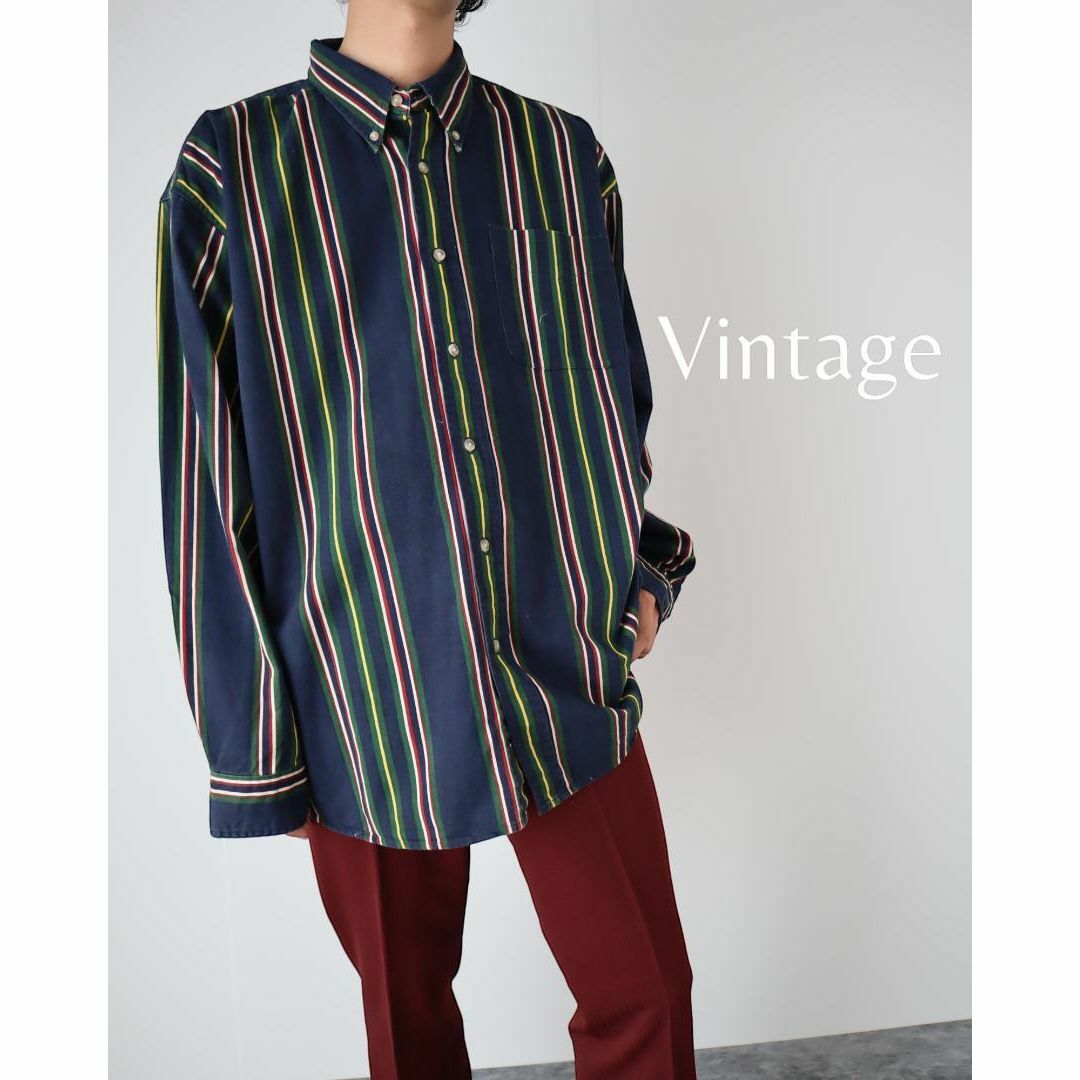 ART VINTAGE(アートヴィンテージ)の【vintage】ミックス ストライプ ボタンダウン ルーズ 長袖シャツ 濃紺 メンズのトップス(シャツ)の商品写真