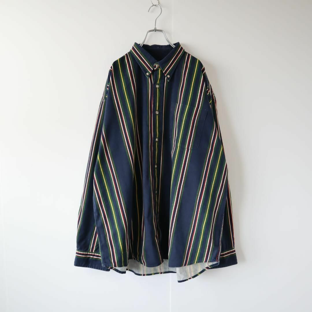 ART VINTAGE(アートヴィンテージ)の【vintage】ミックス ストライプ ボタンダウン ルーズ 長袖シャツ 濃紺 メンズのトップス(シャツ)の商品写真