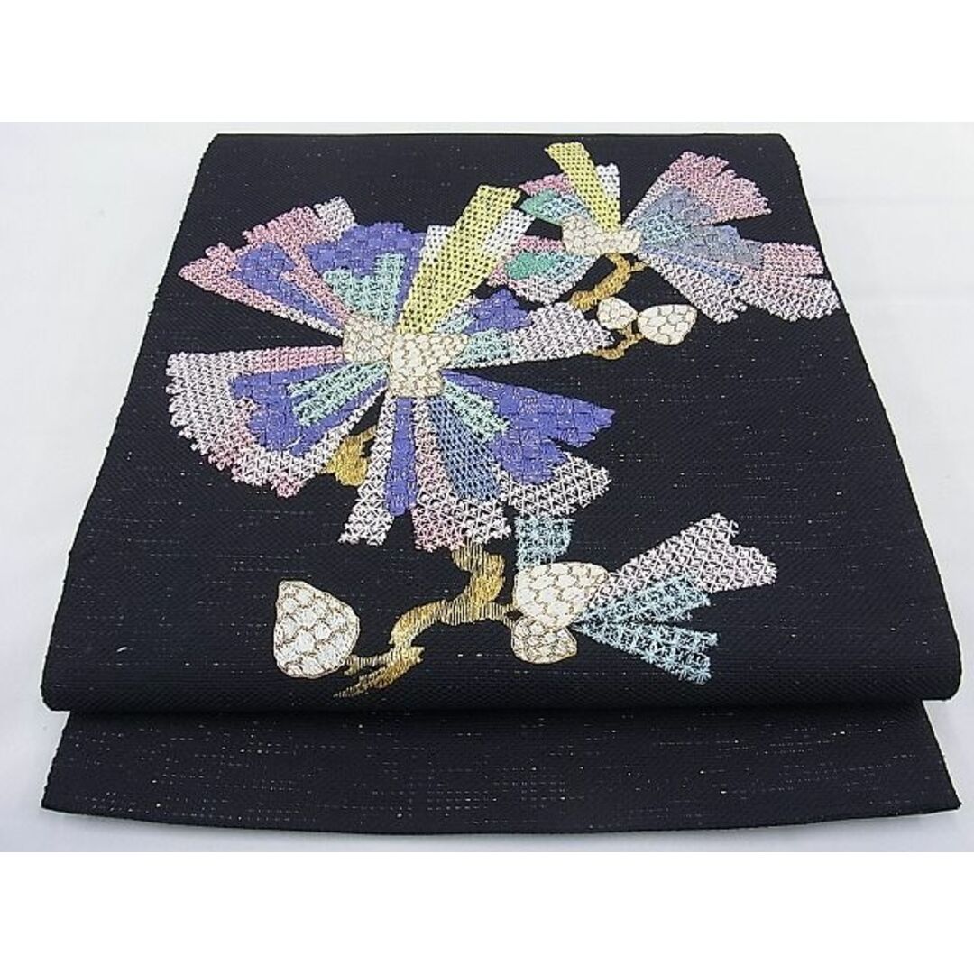 平和屋野田店■西陣　じゅらく謹製　太鼓柄袋帯　総刺繍　駒刺繍　松葉　黒地　金糸　反端付き　落款あり　逸品　n-zb0098