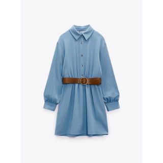 ザラ(ZARA)のZARAザラ*ベルト付きシャツワンピース*ライトブルー*XS (5~7 号)(ミニワンピース)