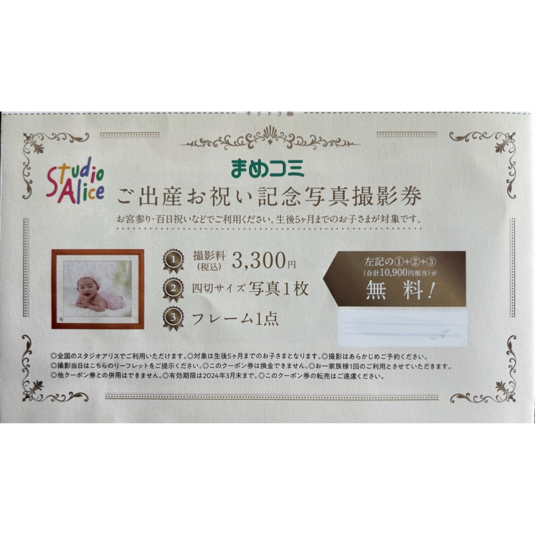 撮影券 スタジオアリス チケットの優待券/割引券(その他)の商品写真