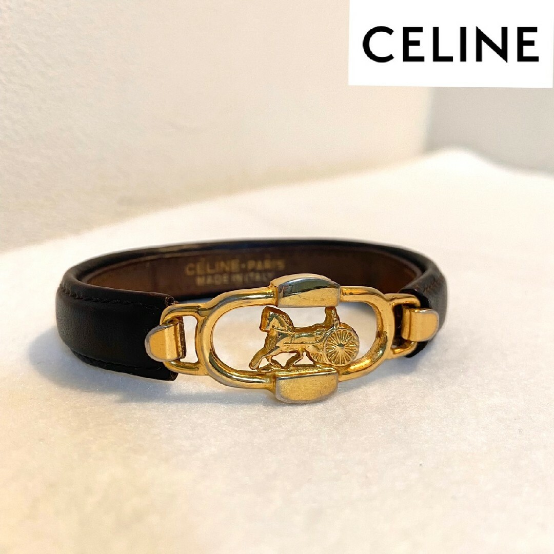 CELINEセリーヌ レザーブレスレット 馬車金具 ゴールド×ブラウン バングル-