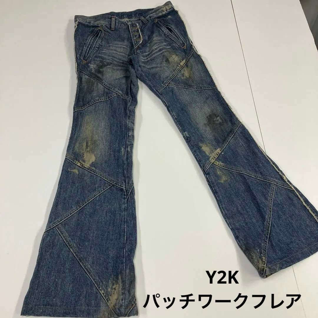 Y2K フレアパンツ デニムパンツ パッチワーク ペイントユーズド加工